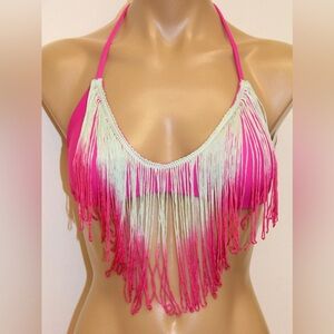 The Bikini Lab Vibrant Pink and White Fringe Top
